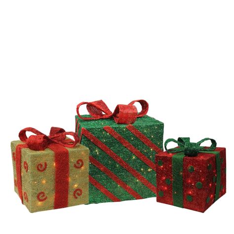 Set of 3 Lighted Green Gift Boxes with Red Bows 